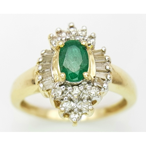 403 - A Stunning 14 Carat Yellow Gold, Art Deco Design, Emerald and Diamond Halo Cluster Ring Size M. The ... 