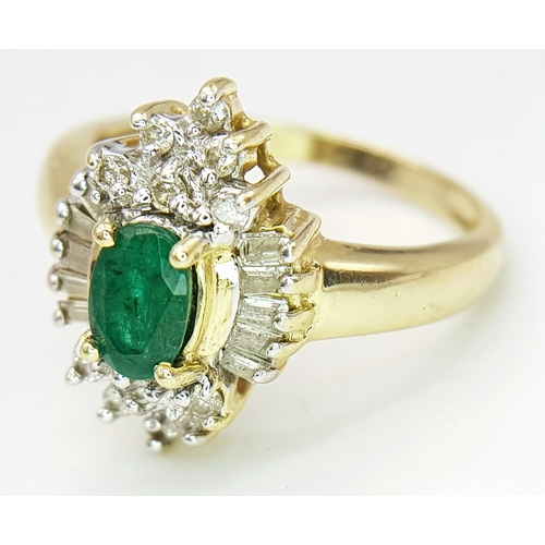 403 - A Stunning 14 Carat Yellow Gold, Art Deco Design, Emerald and Diamond Halo Cluster Ring Size M. The ... 