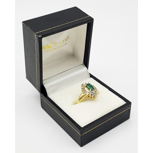 403 - A Stunning 14 Carat Yellow Gold, Art Deco Design, Emerald and Diamond Halo Cluster Ring Size M. The ... 