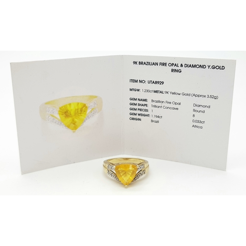 410 - A 9 Carat Yellow Gold Brazilian Fire Opal and Diamond Ring Size N. Complete with Certificate of Auth... 