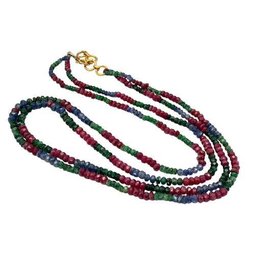 481 - An 18K Gold Clasp, Emerald, Sapphire and Ruby Two String Necklace. 43cm Length. Approximately 80 Car... 