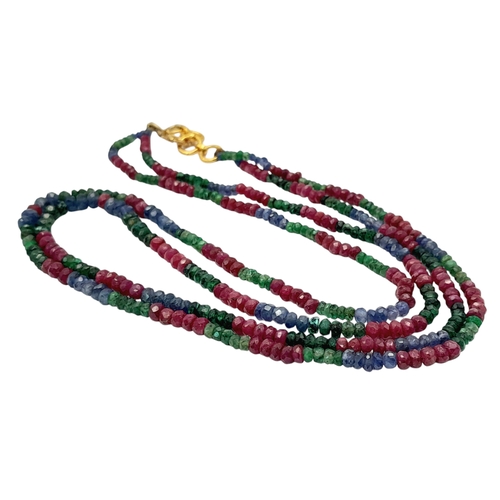 481 - An 18K Gold Clasp, Emerald, Sapphire and Ruby Two String Necklace. 43cm Length. Approximately 80 Car... 