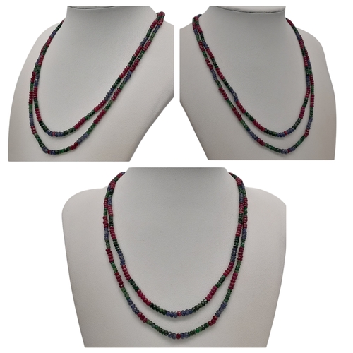 481 - An 18K Gold Clasp, Emerald, Sapphire and Ruby Two String Necklace. 43cm Length. Approximately 80 Car... 