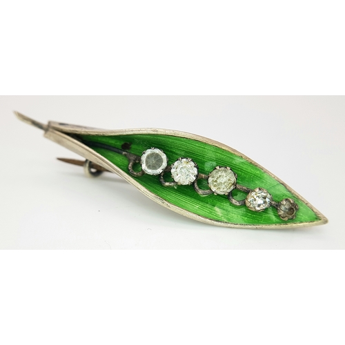 516 - A WW1 Hallmarked 1918 Silver and Enamel Leaf Brooch Set with Clear Stones. 4.5cm Length. Gross Weigh... 