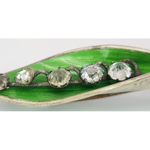 516 - A WW1 Hallmarked 1918 Silver and Enamel Leaf Brooch Set with Clear Stones. 4.5cm Length. Gross Weigh... 