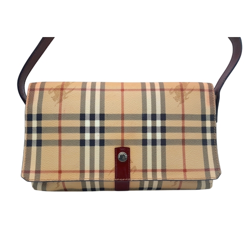 550 - A Burberry Haymarket Shoulder Bag. Check Pattern with Red Patent Leather. 27cm Wide by 15cm Tall.