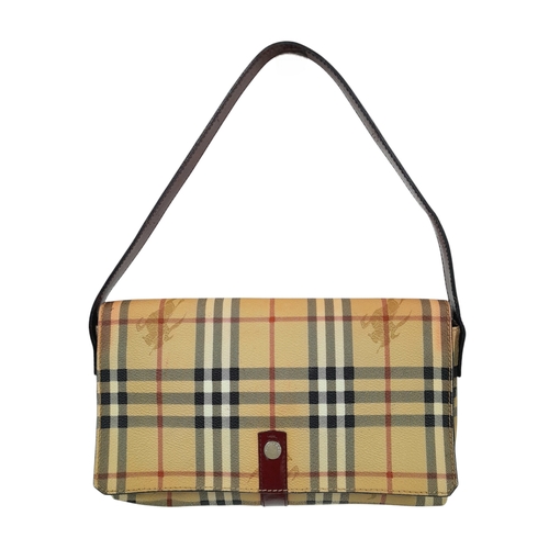 550 - A Burberry Haymarket Shoulder Bag. Check Pattern with Red Patent Leather. 27cm Wide by 15cm Tall.