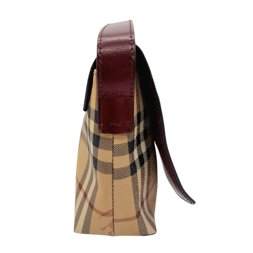 550 - A Burberry Haymarket Shoulder Bag. Check Pattern with Red Patent Leather. 27cm Wide by 15cm Tall.