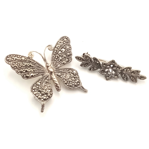 725 - Two Vintage Silver Marcasite Brooches Comprising 1) A Butterfly Design 4cm Length and 2) Flower Desi... 