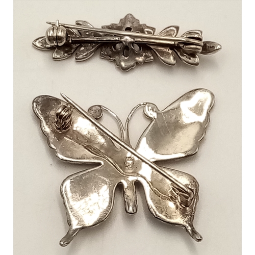 725 - Two Vintage Silver Marcasite Brooches Comprising 1) A Butterfly Design 4cm Length and 2) Flower Desi... 