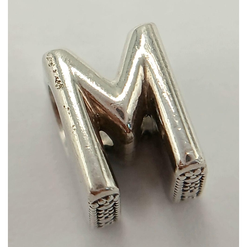 1056 - A PANDORA STERLING SILVER INITIAL M CHARM. 2.6G. RPM 2009