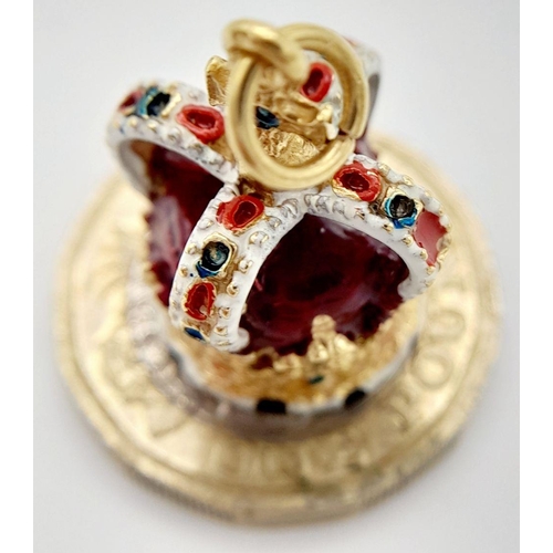 106 - A 9K YELLOW GOLD ENAMELLED ROYAL CROWN CHARM / PENDANT 1.2CM x 2.5CM, 6.6G TOTAL WEIGHT. Ref: SC 200... 