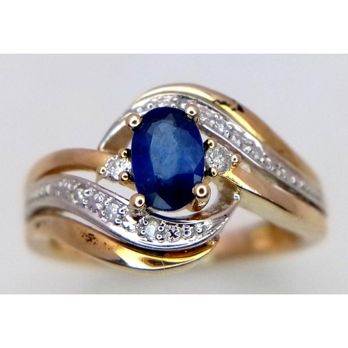 141 - A 9K YELLOW GOLD DIAMOND & SAPPHIRE RING 2.9G TOTAL WEIGHT, SIZE L. Ref: SC 2026