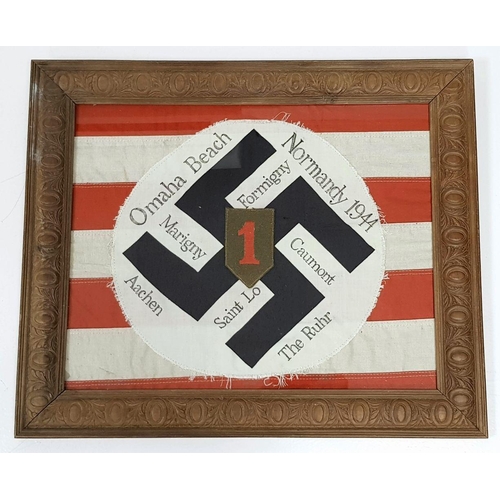 150 - A Framed Memento of a soldier in the US 1st Infantry Division. A German NSDAP Flag centre mounted on... 