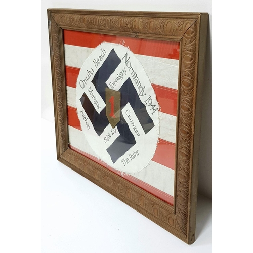 150 - A Framed Memento of a soldier in the US 1st Infantry Division. A German NSDAP Flag centre mounted on... 