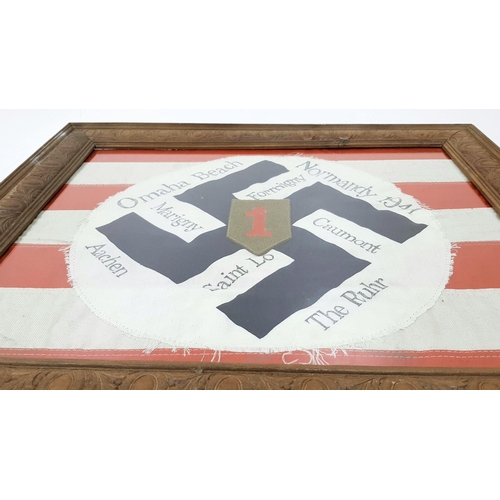 150 - A Framed Memento of a soldier in the US 1st Infantry Division. A German NSDAP Flag centre mounted on... 