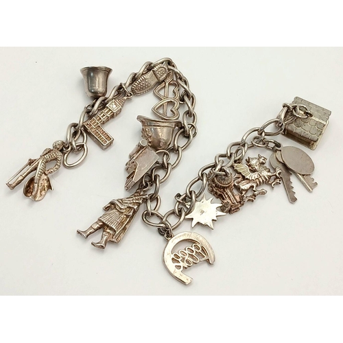 161 - Vintage SILVER CHARM BRACELET, Silver Charms To include Dragon, Piper, Bell, Horseshoe, Big Ben, Swi... 