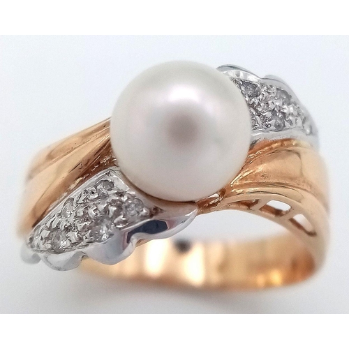 193 - A 14K YELLOW GOLD PEARL AND DIAMOND RING, 0.05CT DIAMOND WEIGHT, 3.9G TOTAL WEIGHT, SIZE N 1/2. REF:... 