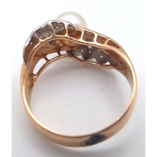 193 - A 14K YELLOW GOLD PEARL AND DIAMOND RING, 0.05CT DIAMOND WEIGHT, 3.9G TOTAL WEIGHT, SIZE N 1/2. REF:... 