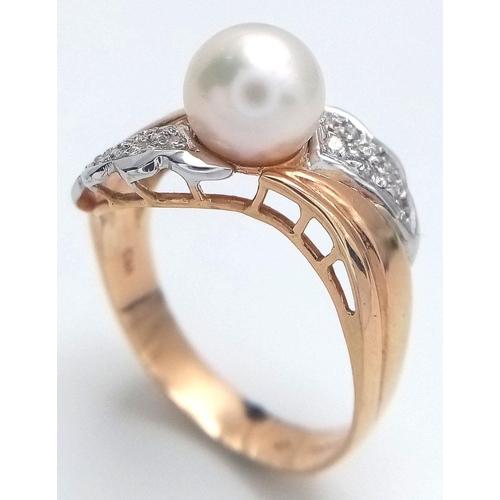 193 - A 14K YELLOW GOLD PEARL AND DIAMOND RING, 0.05CT DIAMOND WEIGHT, 3.9G TOTAL WEIGHT, SIZE N 1/2. REF:... 