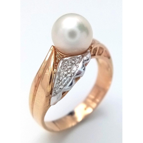 193 - A 14K YELLOW GOLD PEARL AND DIAMOND RING, 0.05CT DIAMOND WEIGHT, 3.9G TOTAL WEIGHT, SIZE N 1/2. REF:... 