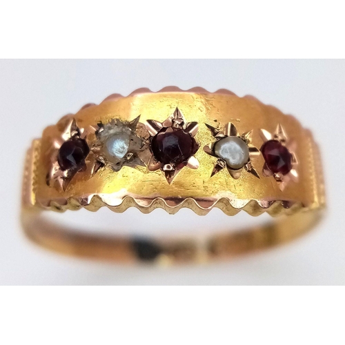 213 - A 15K YELLOW GOLD ANTIQUE VICTORIAN RUBY & SEED PEARL SET RING 1.5G TOTAL WEIGHT, SIZE M 1/2 HALLMAR... 