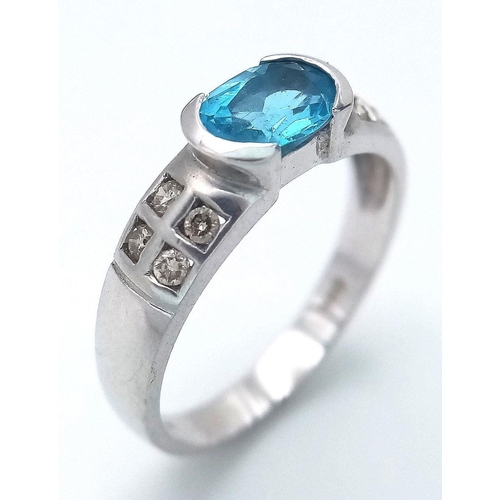 225 - A 9K WHITE GOLD DIAMOND & LONDON BLUE TOPAZ RING 2.4G TOTAL WEIGHT, SIZE M. Ref: SC 2003