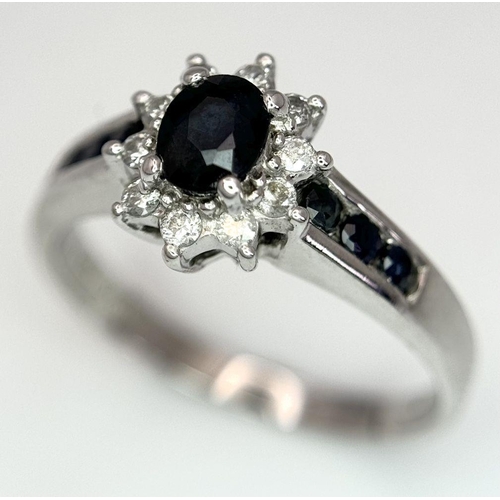 227 - A 9K WHITE GOLD DIAMOND & SAPPHIRE RING 0.16CT , 2.8G TOTAL WEIGHT, SIZE O. Ref: 9261