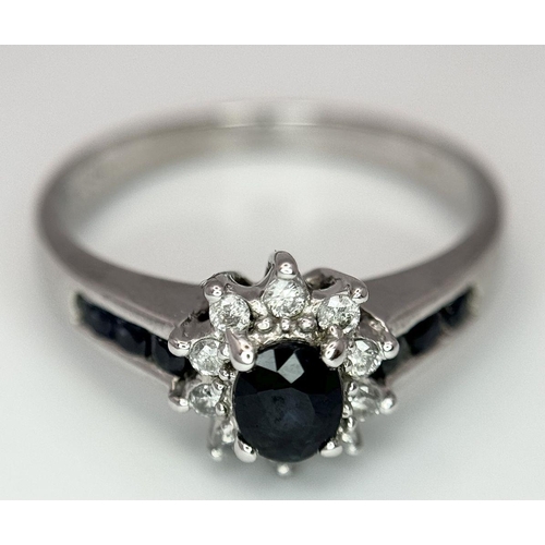 227 - A 9K WHITE GOLD DIAMOND & SAPPHIRE RING 0.16CT , 2.8G TOTAL WEIGHT, SIZE O. Ref: 9261