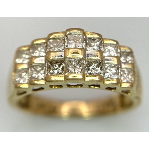 24 - AN 18K YELLOW GOLD DIAMOND 2 ROW RING 0.75CT , 5.6G TOTAL WEIGHT, SIZE P 1/2. Ref: SC 2062