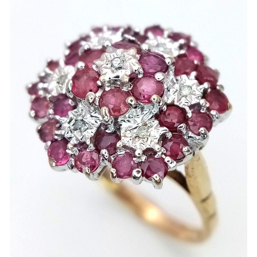 277 - A 9K YELLOW GOLD DIAMOND & RUBY RING 3.6G TOTAL WEIGHT, SIZE L. Ref: SC 2012