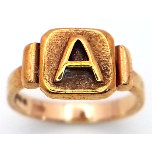 299 - A 9K YELLOW GOLD ‘A’ INITIAL SIGNET RING, 2.9G TOTAL WEIGHT, SIZE F 1/2. REF: SH1841I