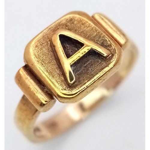 299 - A 9K YELLOW GOLD ‘A’ INITIAL SIGNET RING, 2.9G TOTAL WEIGHT, SIZE F 1/2. REF: SH1841I