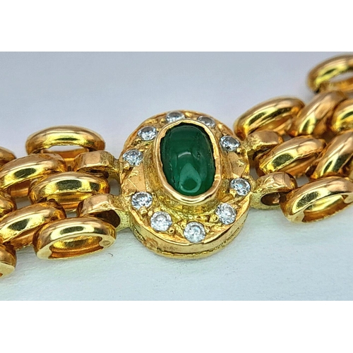 33 - AN 18K YELLOW GOLD GREEN STONE AND CZ BRACELET, 18CM TOTAL LENGTH, 9.9G TOTAL WEIGHT. REF: SH1874I