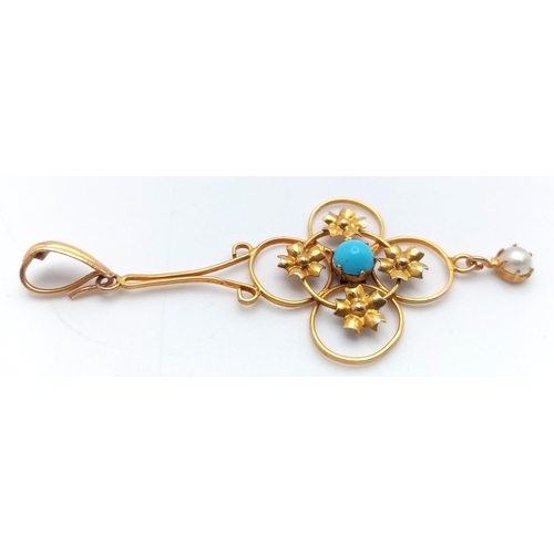 334 - A 9K YELLOW GOLD TURQUOISE AND PEARL VINTAGE PENDANT, 2.5CM x 6CM, 1.5G TOTAL WEIGHT. REF: SH1828I