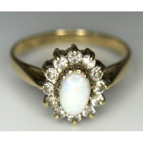 341 - A 9K YELLOW GOLD OPAL AND CZ CLUSTER RING, 1.6G TOTAL WEIGHT, SIZE J. REF: SH1856I