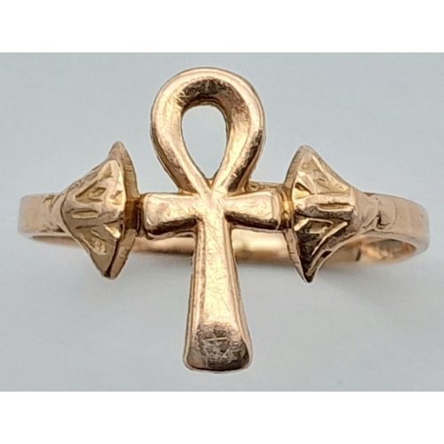 404 - A 14K ROSE GOLD ANKH RING 1.2G TOTAL WEIGHT, SIZE I 1/2. Ref: SC 2041