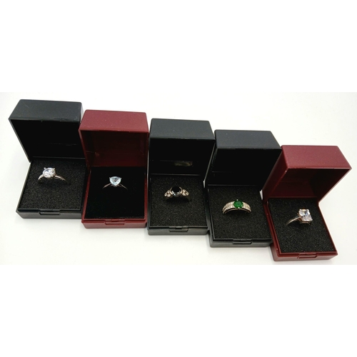 42 - Stunning selection of 5 x GEMSTONE SET SILVER RINGS to include BlueTopaz, Onyx ,Zirconia,etc.  Sizes... 