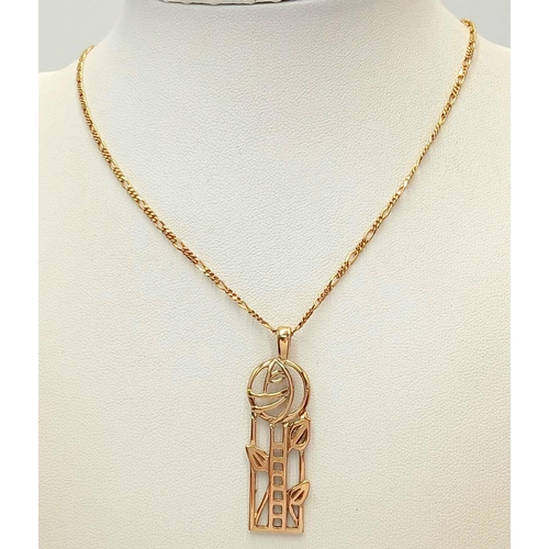 424 - A Vintage, Hallmarked 9 Carat Yellow Gold, Celtic Rennie Mackintosh Design Pendant Necklace 46cm Len... 