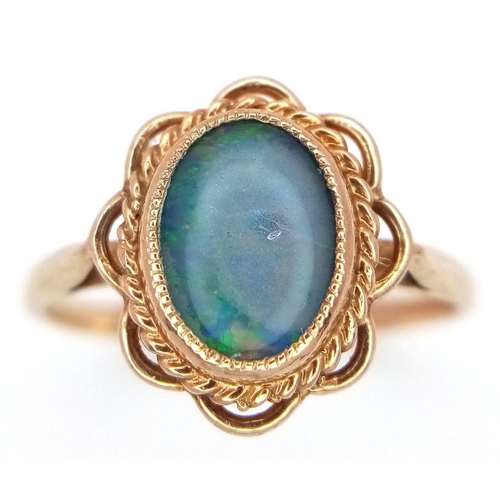 439 - A 9K YELLOW GOLD OPAL-ESQUE VINTAGE RING, 1.4G TOTAL WEIGHT, SIZE L. REF: SH1829I