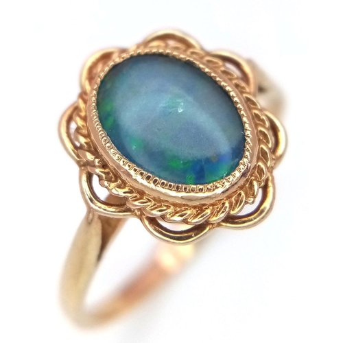 439 - A 9K YELLOW GOLD OPAL-ESQUE VINTAGE RING, 1.4G TOTAL WEIGHT, SIZE L. REF: SH1829I