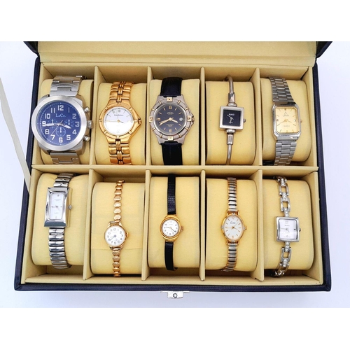 523 - A Ten Watch Display Box Comprising Ten  Watches Comprising; 1) A Stainless-Steel L & Co. Watch-47mm ... 