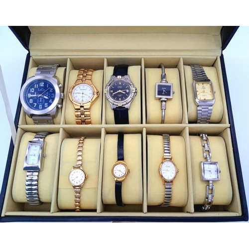 523 - A Ten Watch Display Box Comprising Ten  Watches Comprising; 1) A Stainless-Steel L & Co. Watch-47mm ... 