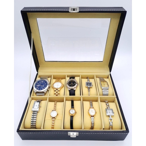 523 - A Ten Watch Display Box Comprising Ten  Watches Comprising; 1) A Stainless-Steel L & Co. Watch-47mm ... 