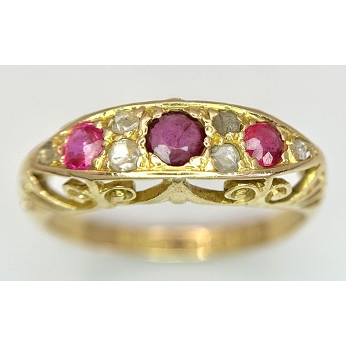 59 - AN 18K YELLOW GOLD VINTAGE DIAMOND & RUBY RING 2.7G TOTAL WEIGHT, SIZE K. Ref: SC 9012