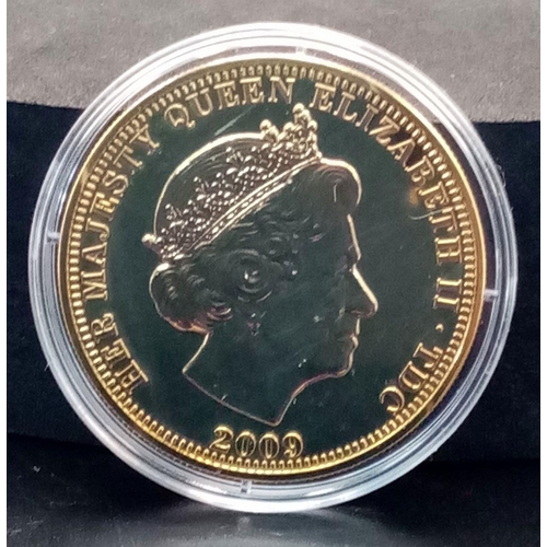 599 - A Mint Condition 2009 Gold Plated Sterling Silver, £5 St George Coin, Set with Six Round Cut Rubies.... 