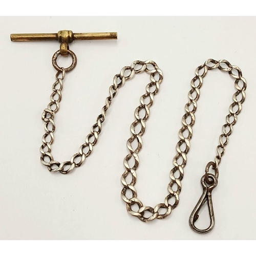 634 - A Vintage Silver Albert Chain with Unmarked Yellow Metal T-Bar. 31cm Length. Gross Weight 12.72 Gram... 