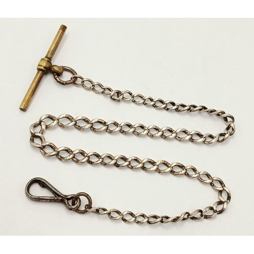 634 - A Vintage Silver Albert Chain with Unmarked Yellow Metal T-Bar. 31cm Length. Gross Weight 12.72 Gram... 