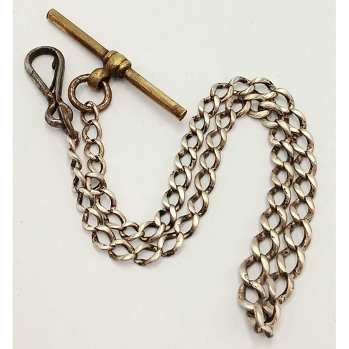 634 - A Vintage Silver Albert Chain with Unmarked Yellow Metal T-Bar. 31cm Length. Gross Weight 12.72 Gram... 