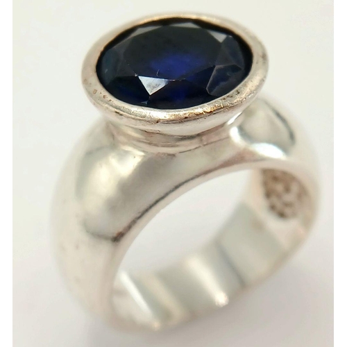 732 - A Vintage Danish Sterling Silver and Large Blue Sapphire Set Ring Size N. The Ring is set with a 1.1... 